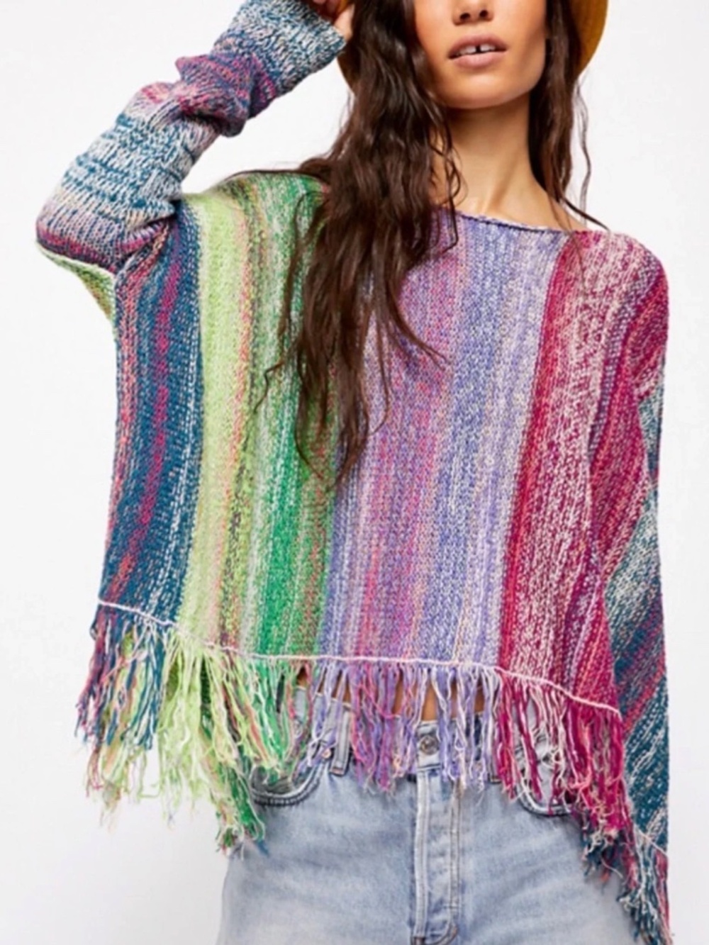 Free People Radiate Multicolor Striped Fringe Sweater XS Oversized